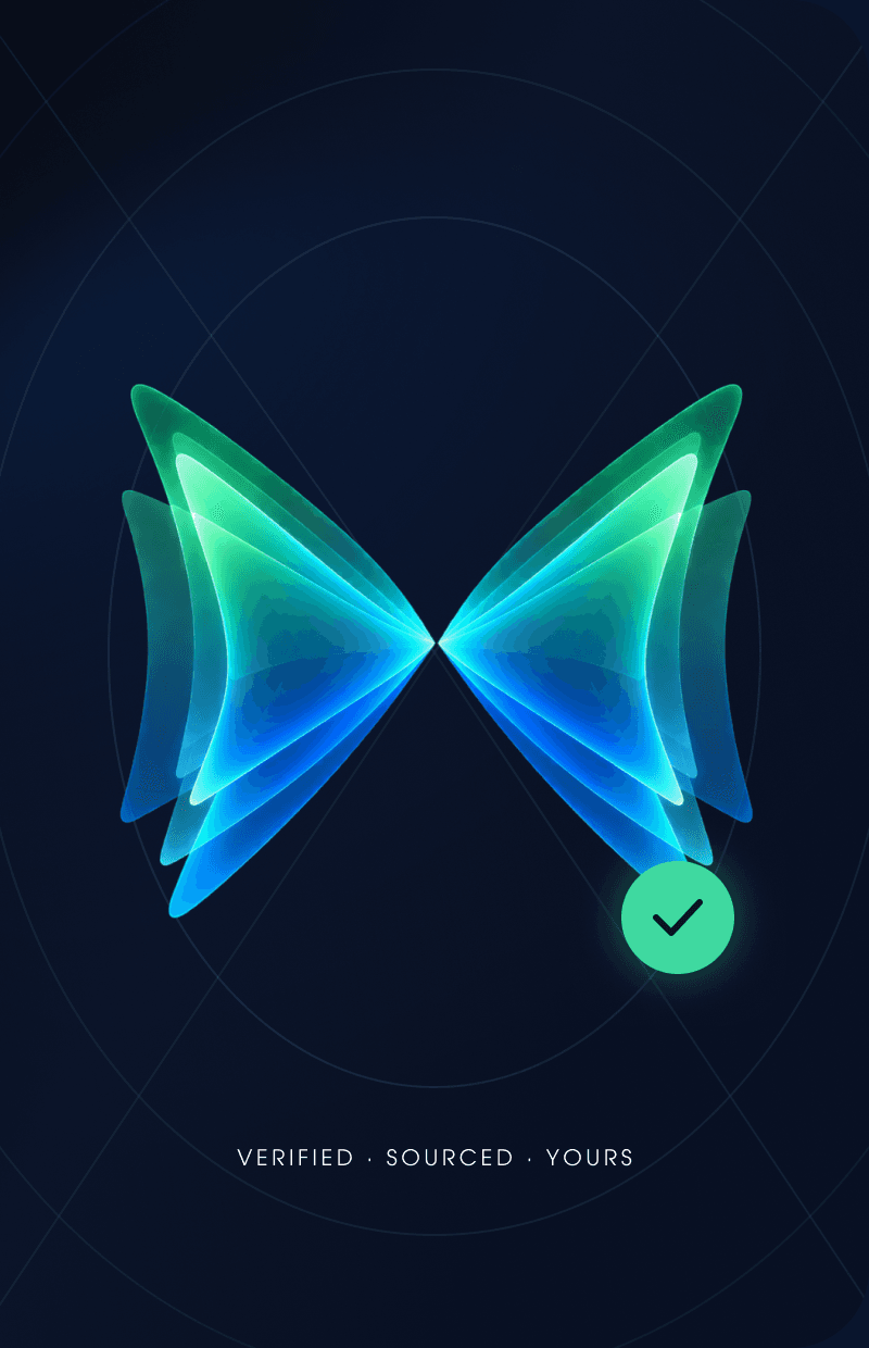 The ModularOS butterfly with a verified check: verified, sourced, yours.